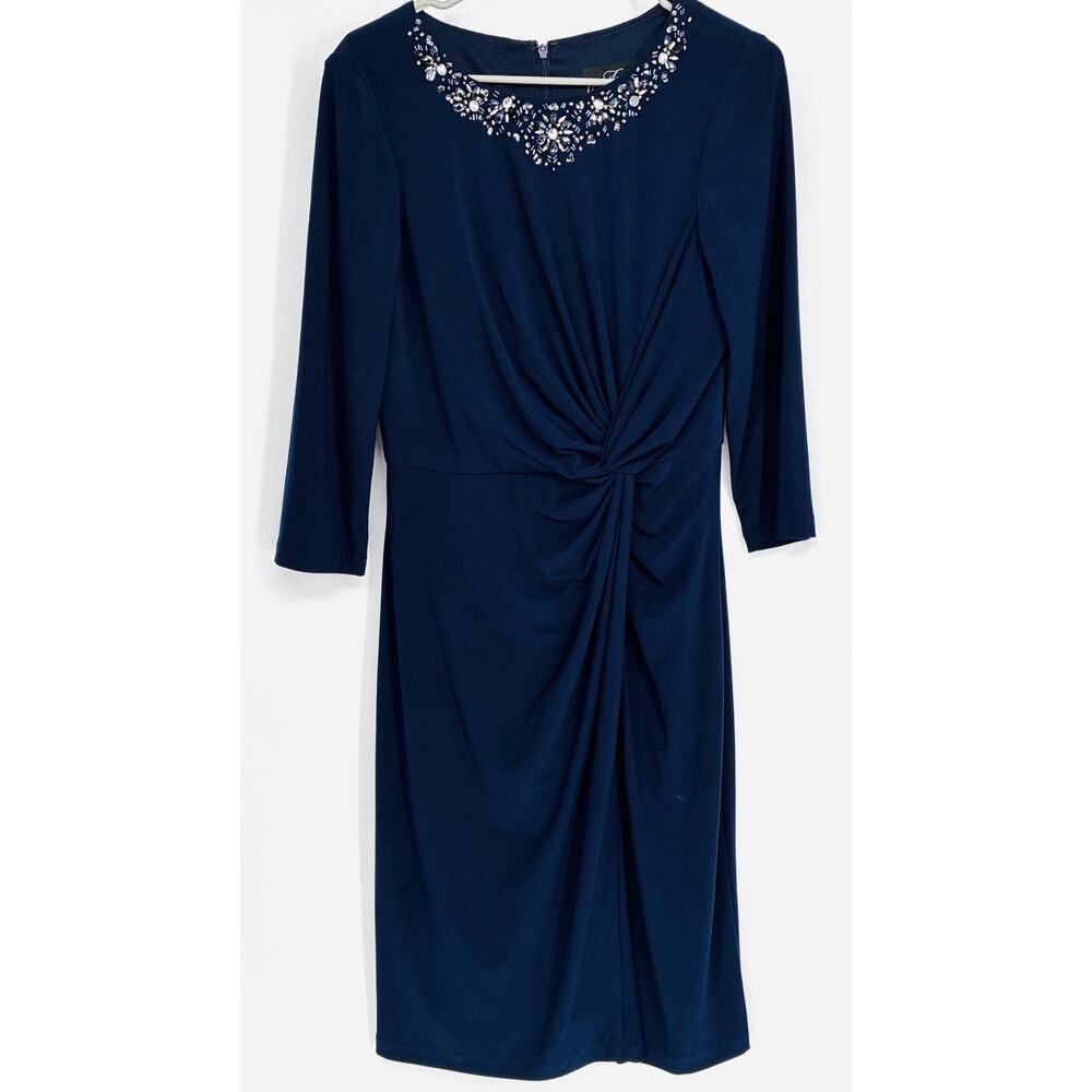 Alex Evenings Size 10 Navy Beaded Rhinestone Ruched Twist Front Cocktail Dress - Picture 2 of 10